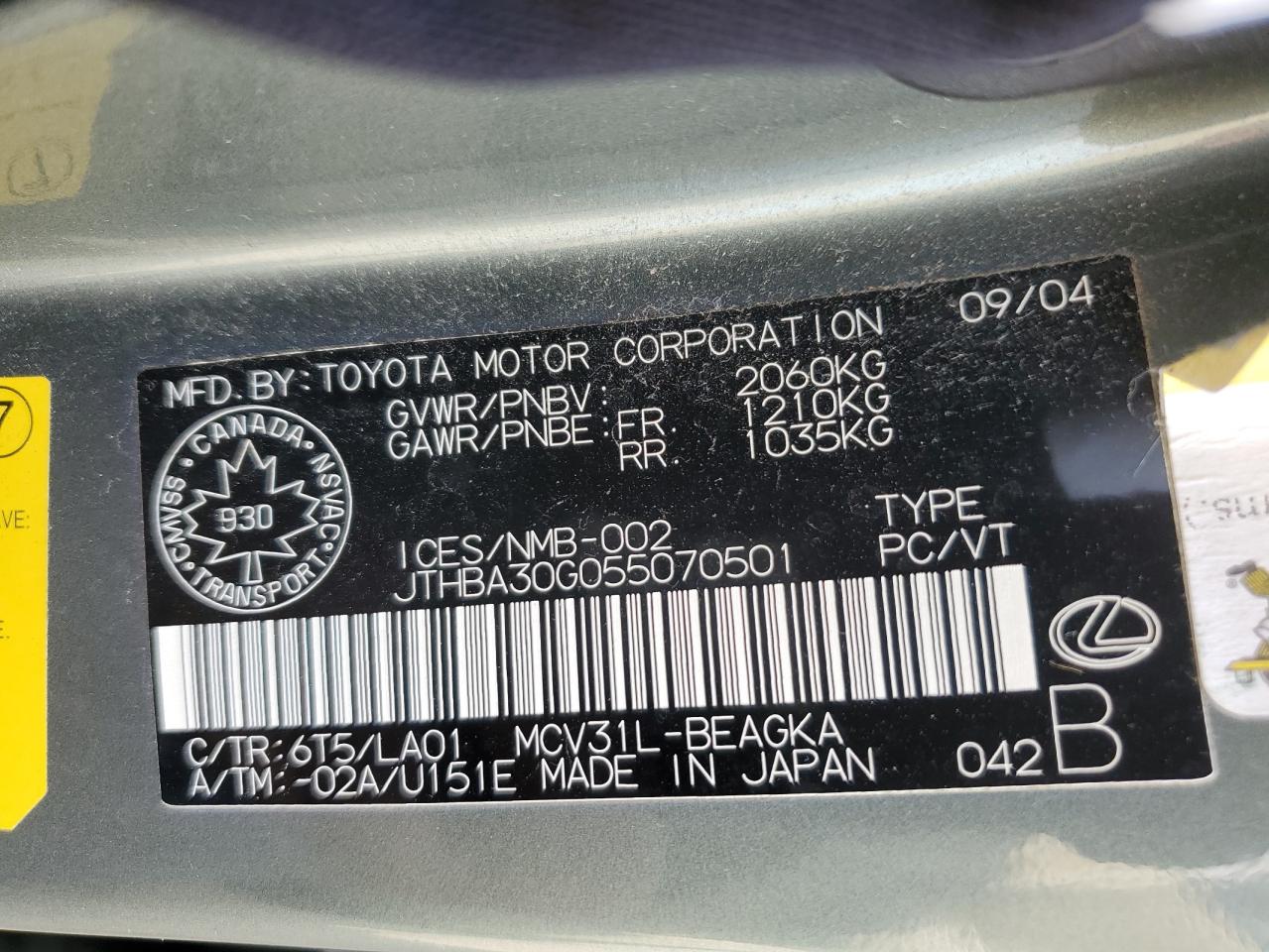 2005 Lexus Es 330 VIN: JTHBA30G055070501 Lot: 65127615