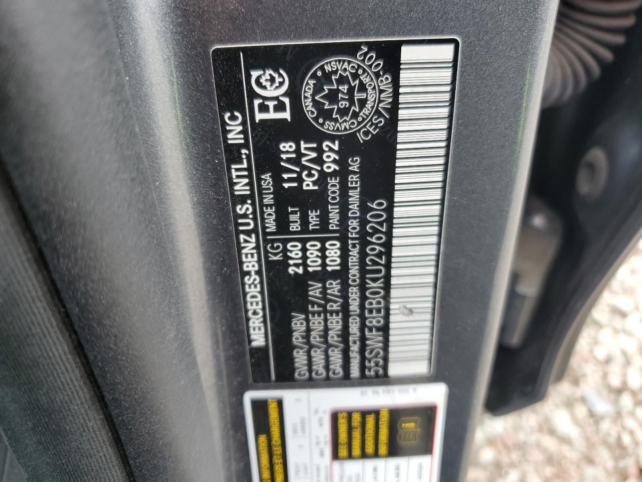 2019 Mercedes-Benz C 300 4Matic VIN: 55SWF8EB0KU296206 Lot: 64011635
