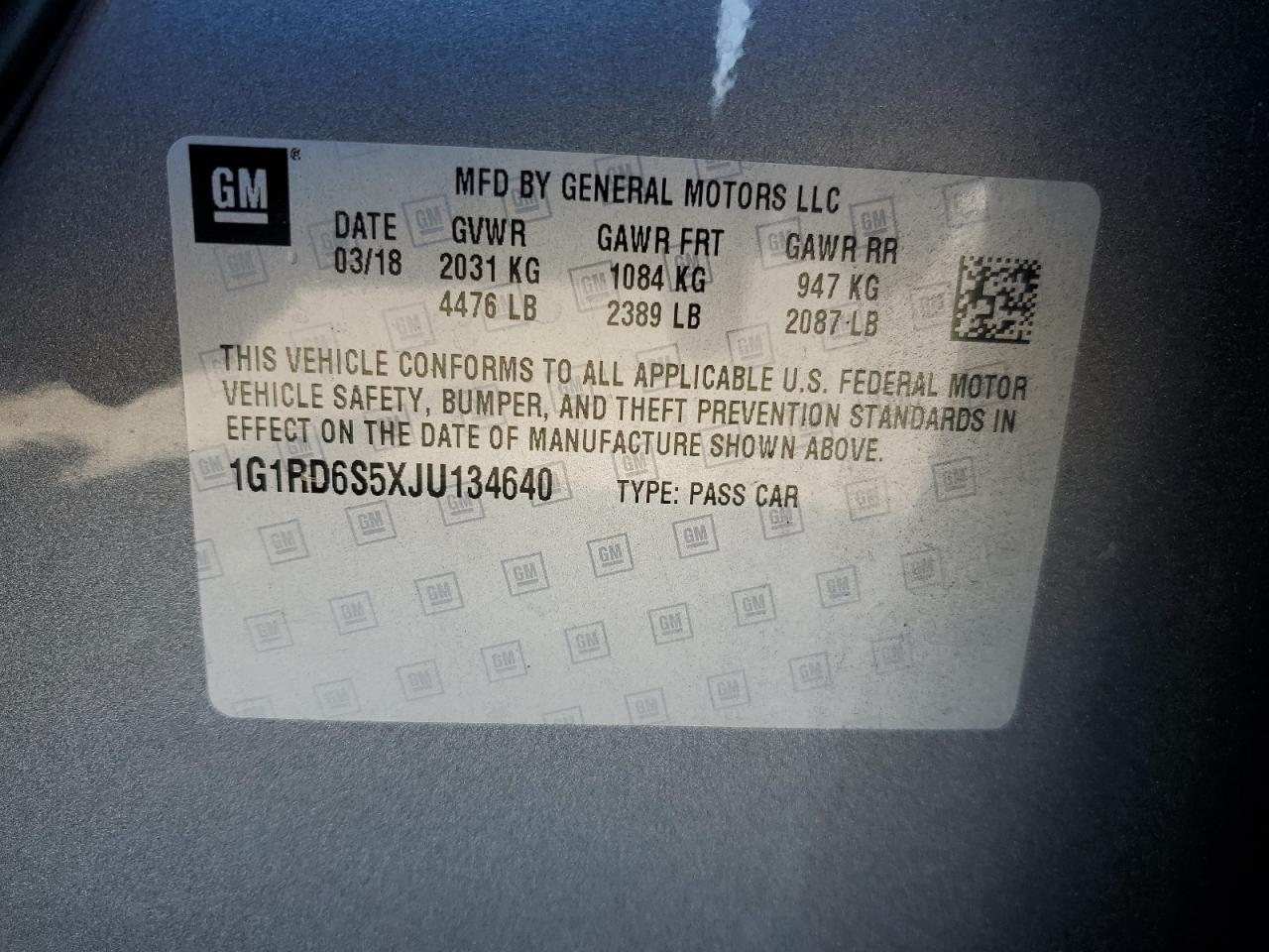 2018 Chevrolet Volt Premier VIN: 1G1RD6S5XJU134640 Lot: 64359455
