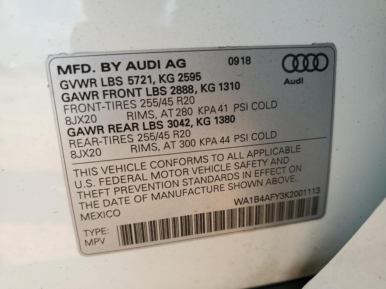 2019 Audi Sq5 Premium Plus VIN: WA1B4AFY3K2001113 Lot: 63278435