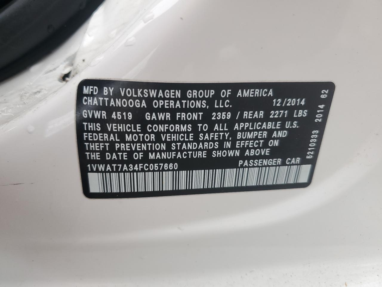 2015 Volkswagen Passat S VIN: 1VWAT7A34FC057660 Lot: 66917935