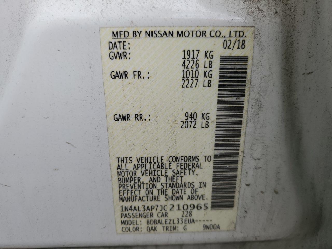 2018 Nissan Altima 2.5 VIN: 1N4AL3AP7JC210965 Lot: 65062485