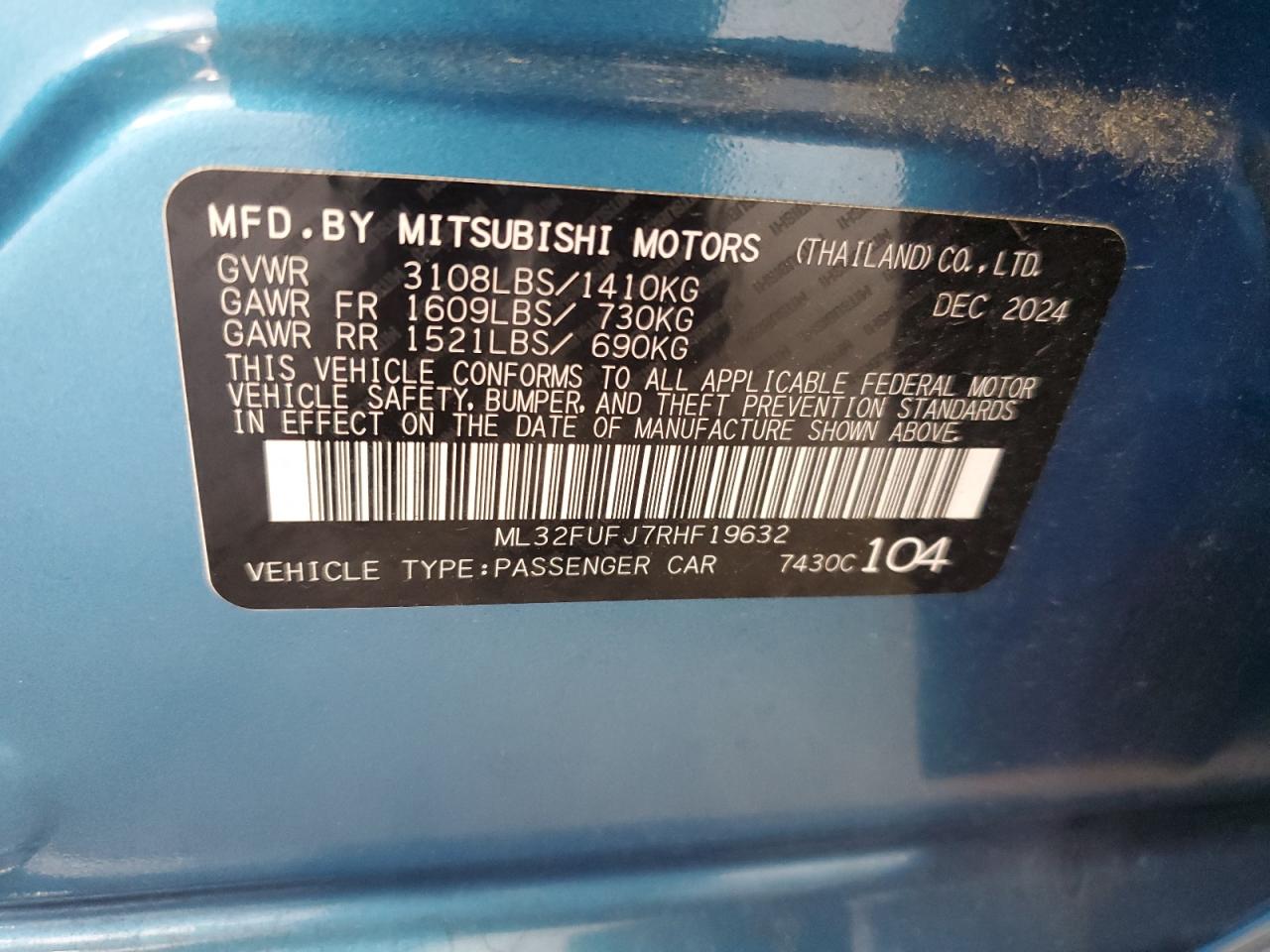 2024 Mitsubishi Mirage G4 Es VIN: ML32FUFJ7RHF19632 Lot: 64997135