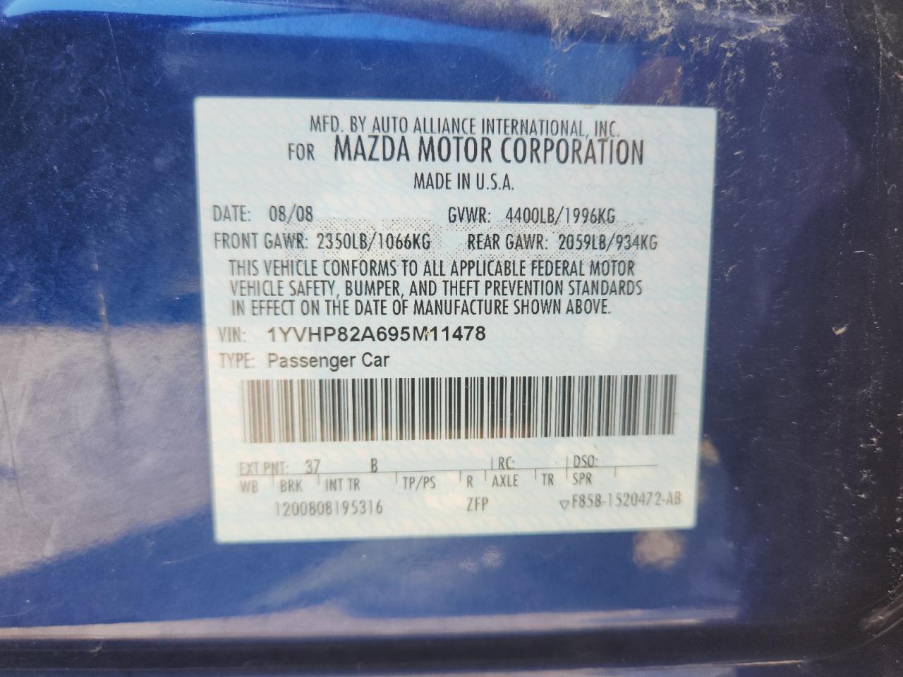 2009 Mazda 6 I VIN: 1YVHP82A695M11478 Lot: 64335525
