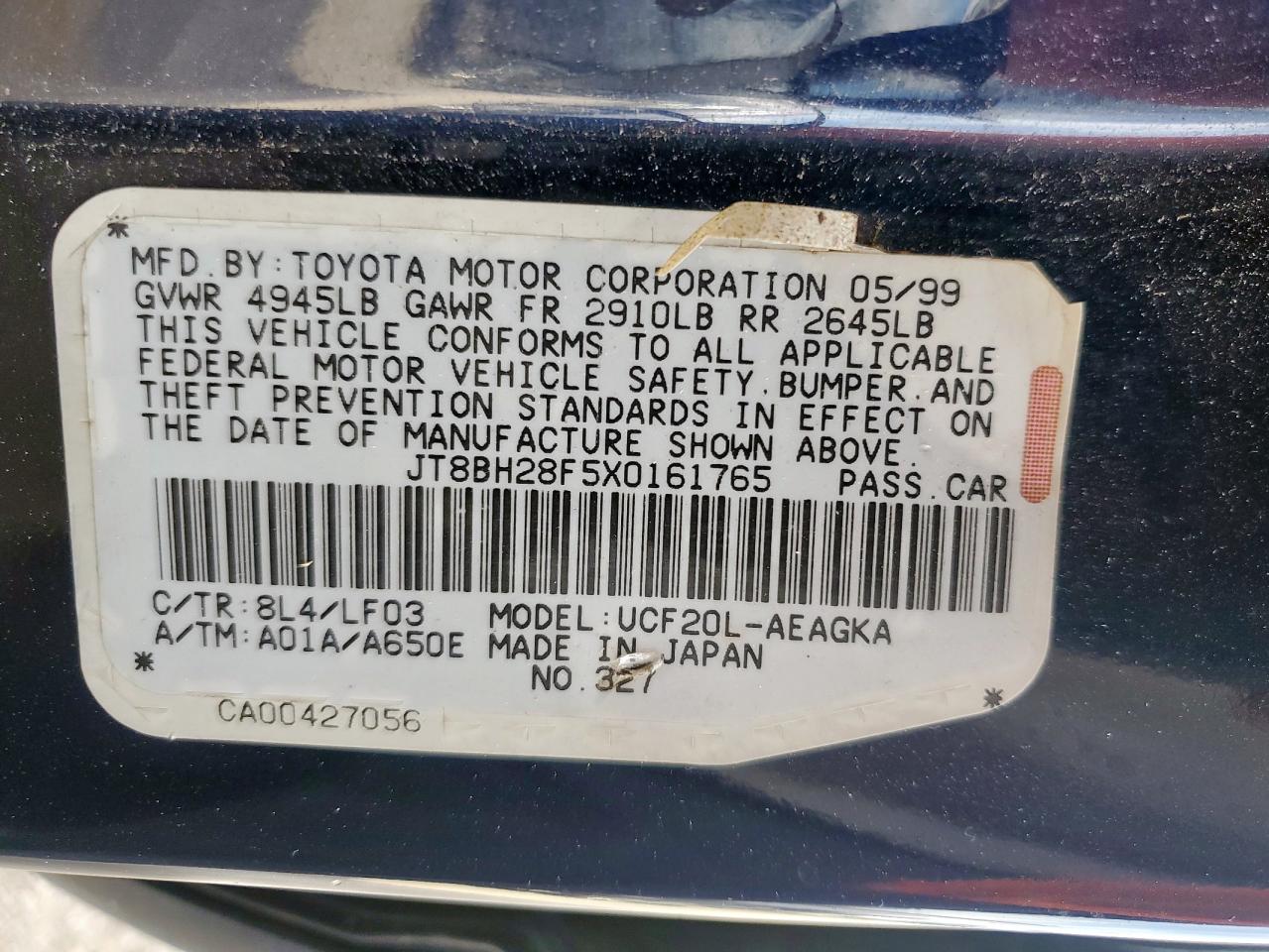 1999 Lexus Ls 400 VIN: JT8BH28F5X0161765 Lot: 64126265