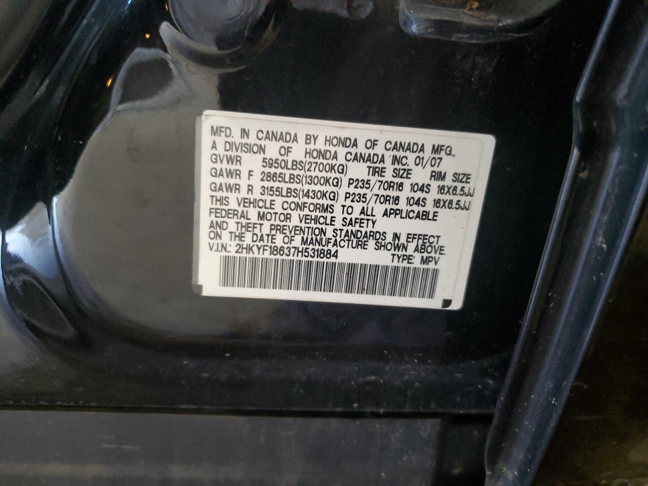 2007 Honda Pilot Exl VIN: 2HKYF18637H531884 Lot: 64107795
