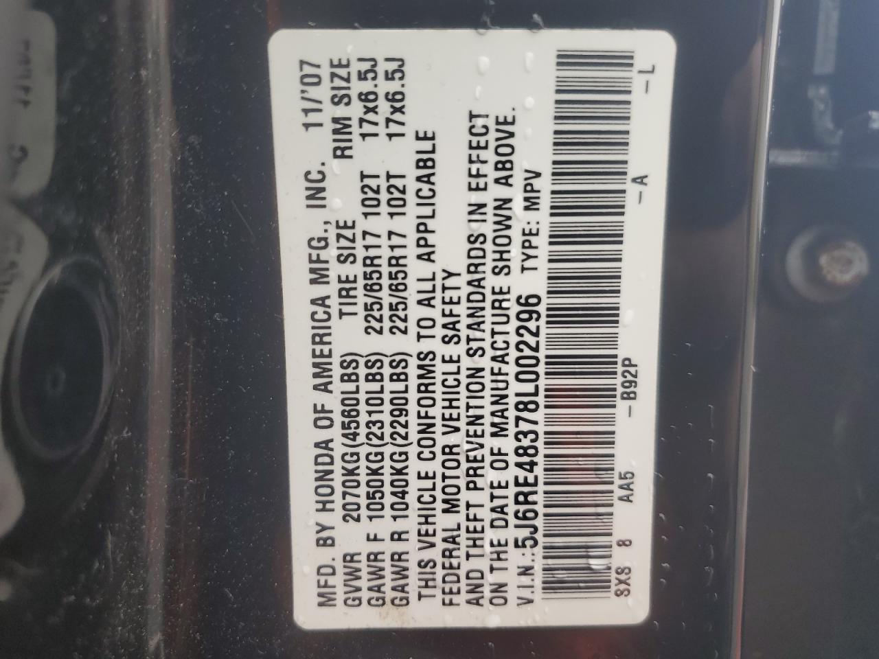 2008 Honda Cr-V Lx VIN: 5J6RE48378L002296 Lot: 65615545