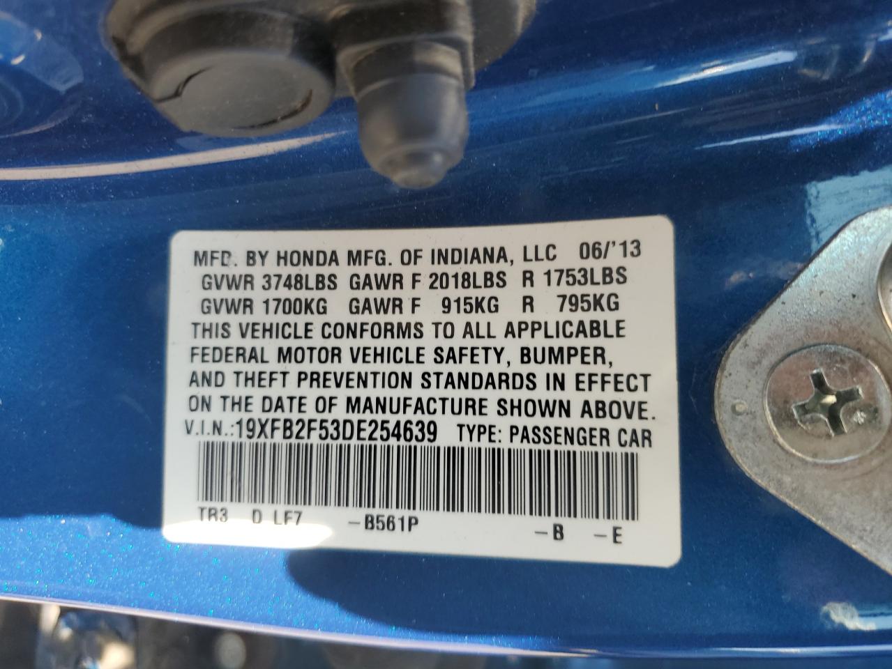 2013 Honda Civic Lx VIN: 19XFB2F53DE254639 Lot: 65972295