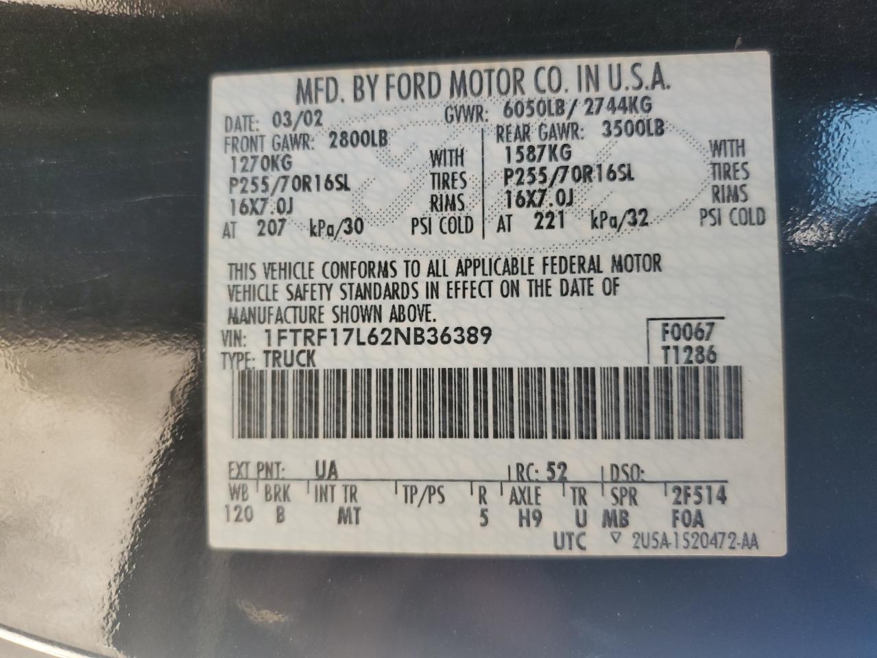 2002 Ford F150 VIN: 1FTRF17L62NB36389 Lot: 65961205