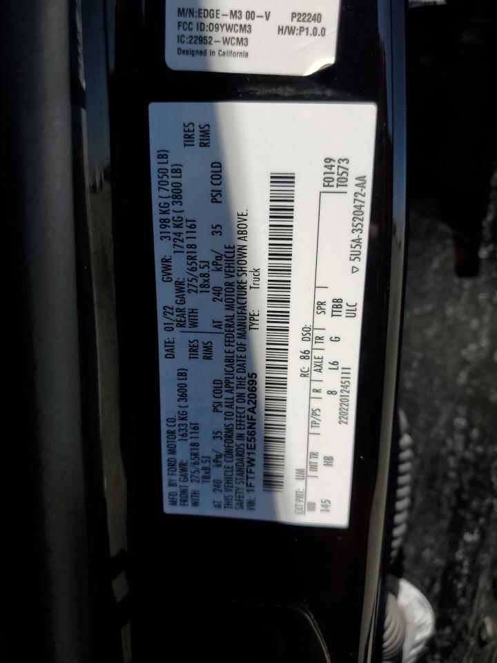 2022 Ford F150 Supercrew VIN: 1FTFW1E56NFA20695 Lot: 64793455