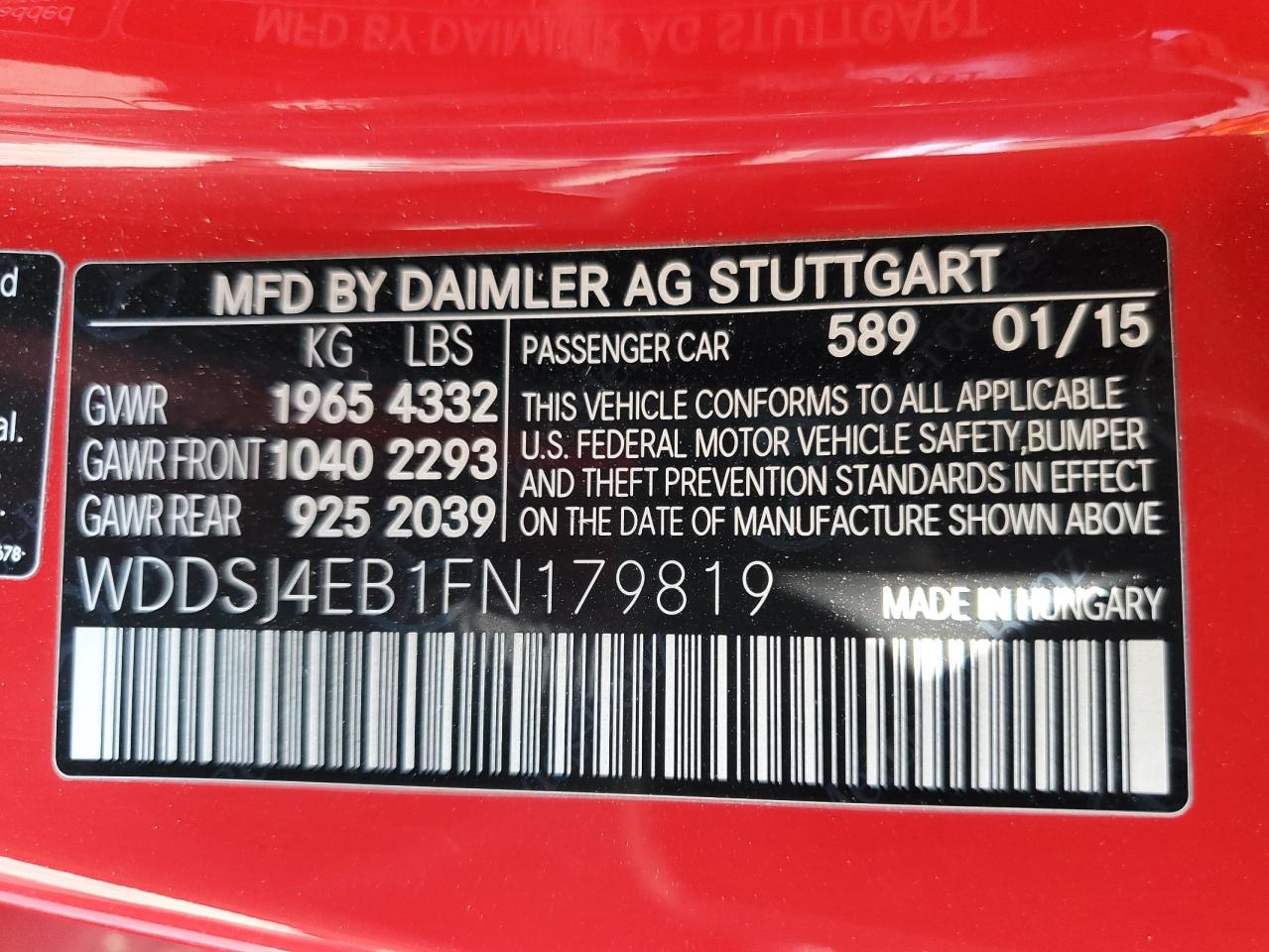 2015 Mercedes-Benz Cla 250 VIN: WDDSJ4EB1FN179819 Lot: 64546225
