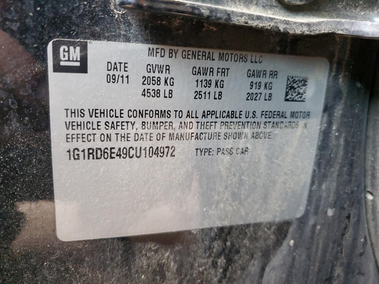 2012 Chevrolet Volt VIN: 1G1RD6E49CU104972 Lot: 65234545