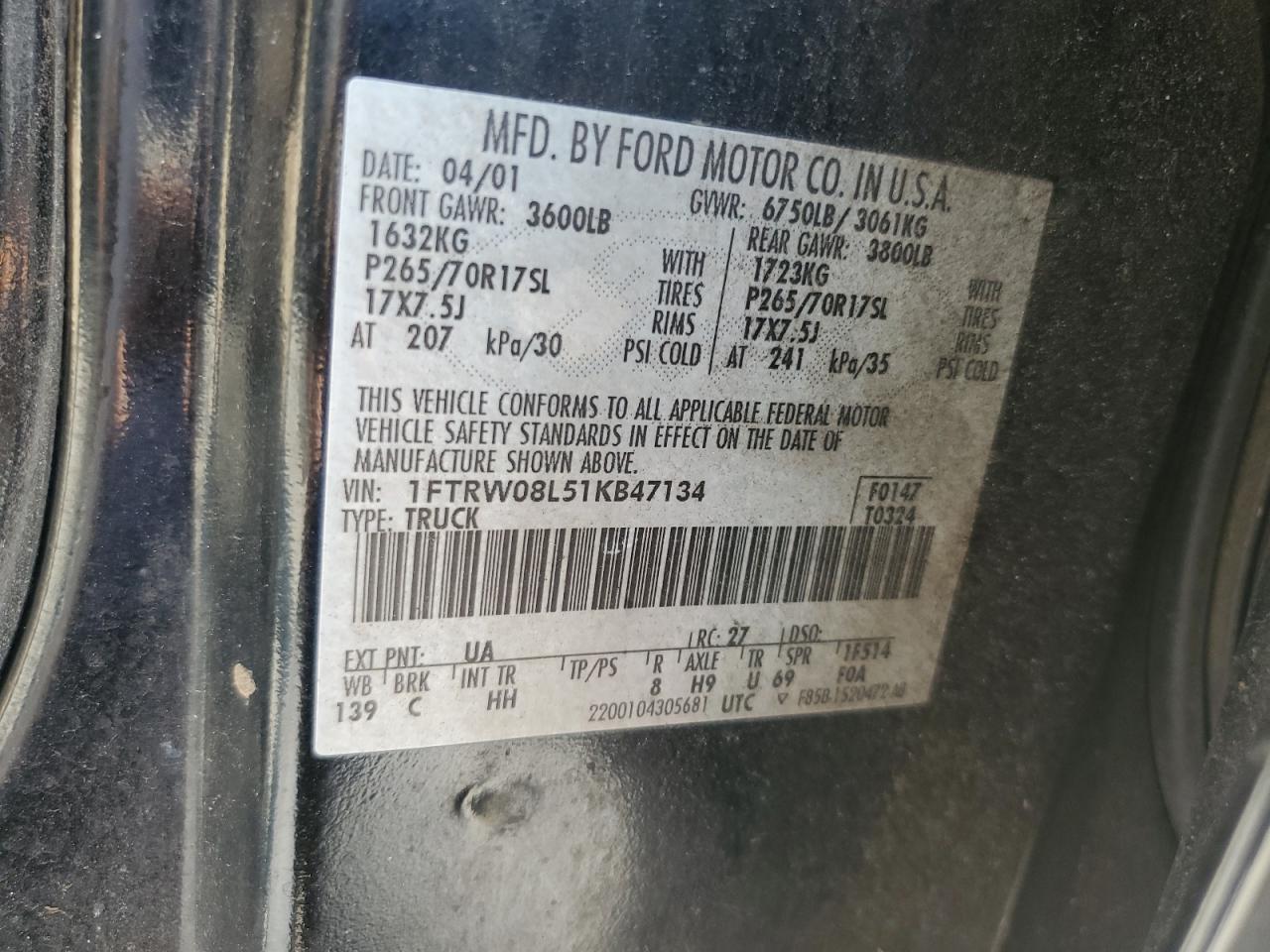 2001 Ford F150 Supercrew VIN: 1FTRW08L51KB47134 Lot: 64310295