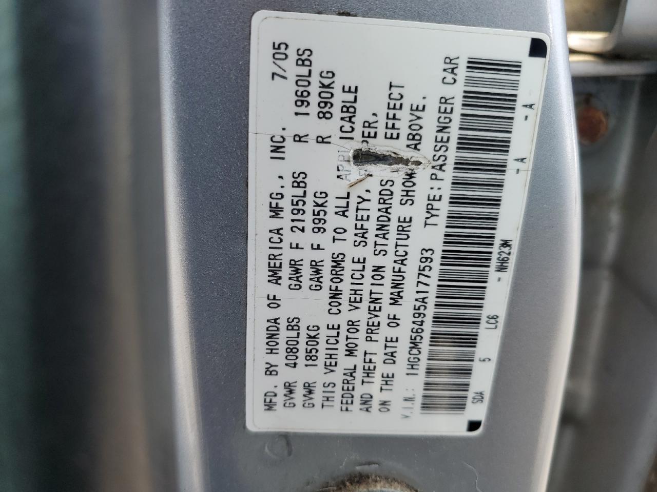 2005 Honda Accord Lx VIN: 1HGCM56495A177593 Lot: 62769855