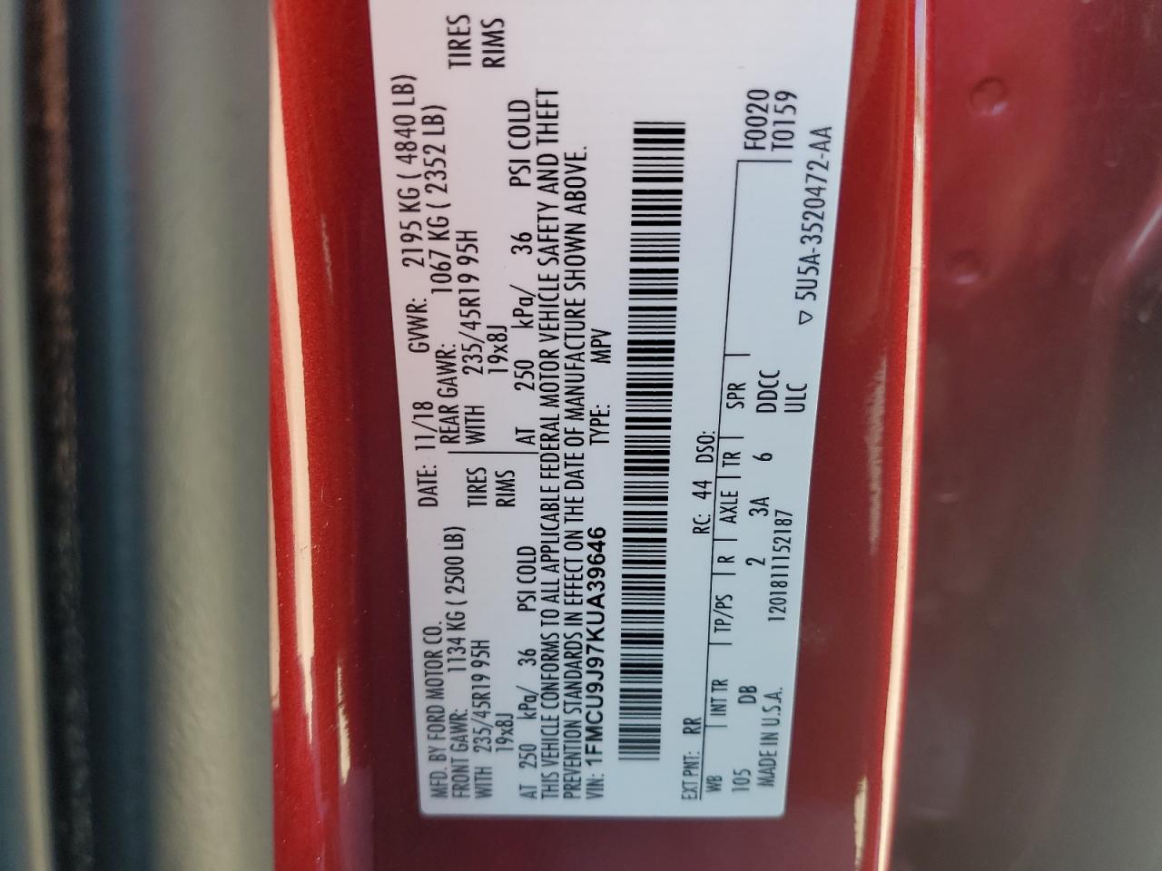 2019 Ford Escape Titanium VIN: 1FMCU9J97KUA39646 Lot: 64784505