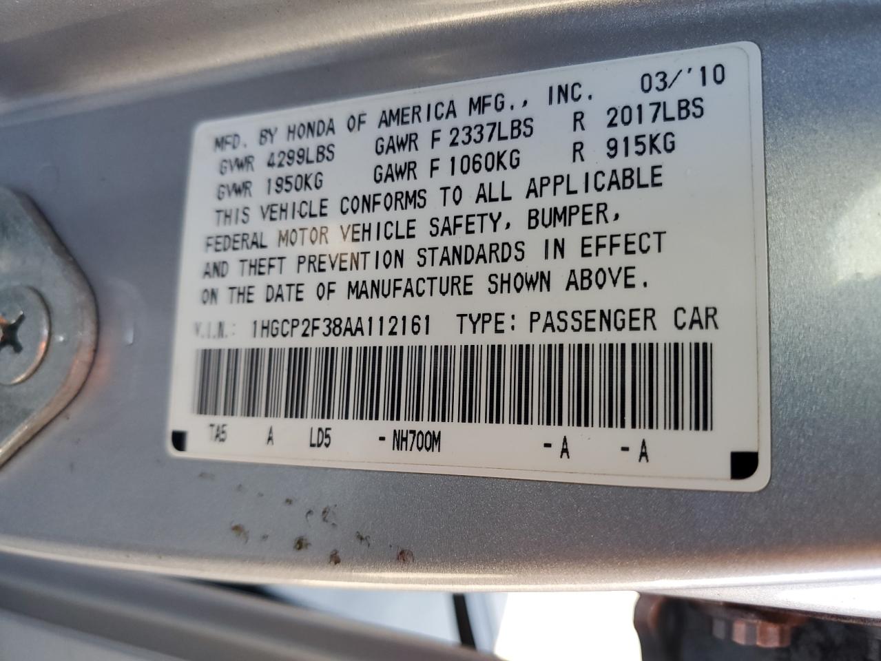 2010 Honda Accord Lx VIN: 1HGCP2F38AA112161 Lot: 62960595