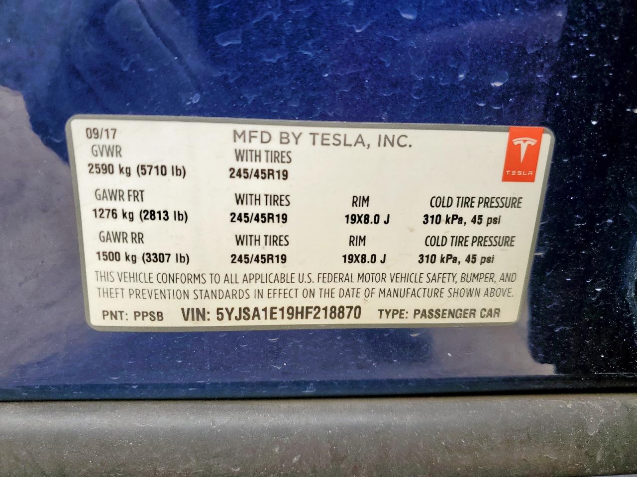 2017 Tesla Model S VIN: 5YJSA1E19HF218870 Lot: 65059205
