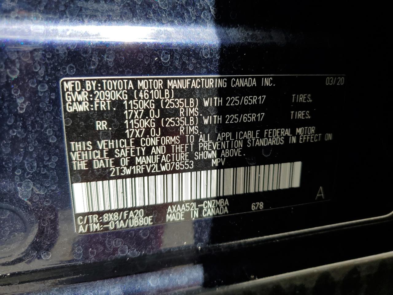 2020 Toyota Rav4 Xle VIN: 2T3W1RFV2LW078553 Lot: 65144205