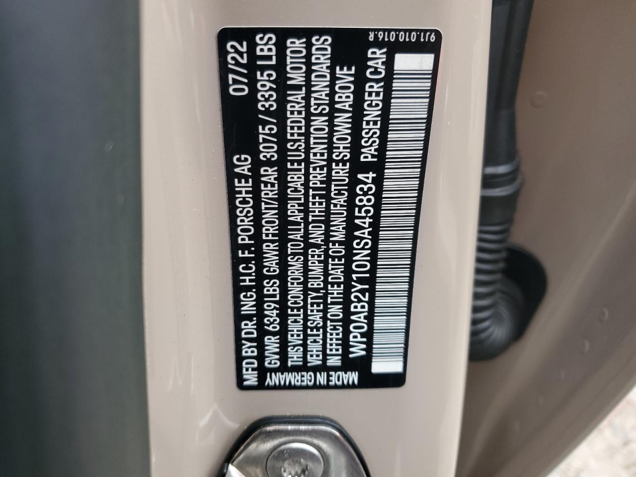 2022 Porsche Taycan 4S VIN: WP0AB2Y10NSA45834 Lot: 64102415