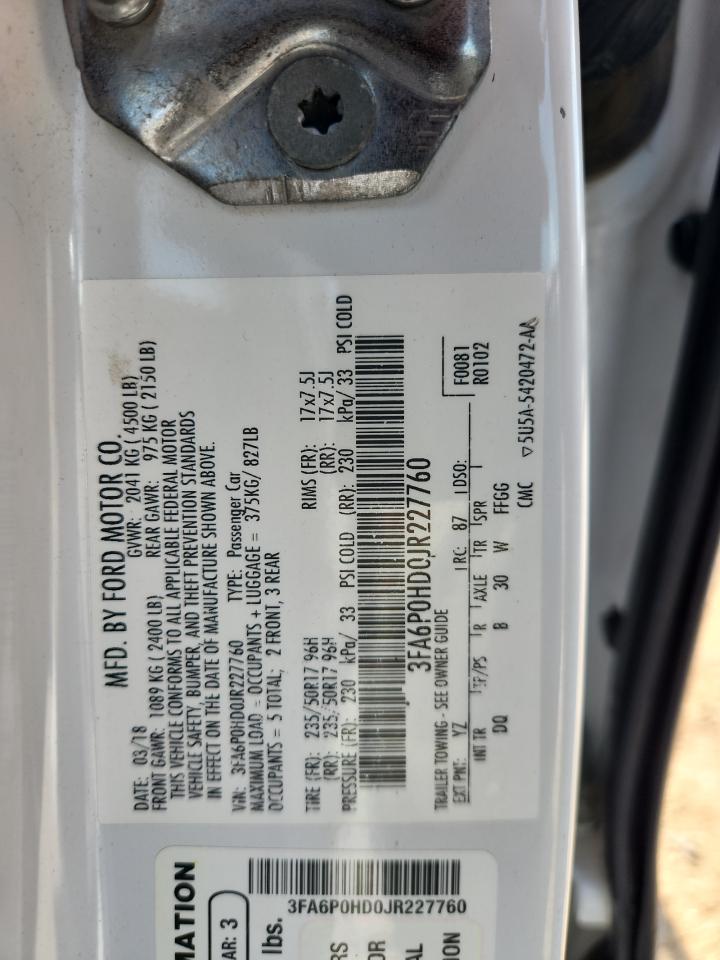 2018 Ford Fusion Se VIN: 3FA6P0HD0JR227760 Lot: 65072925