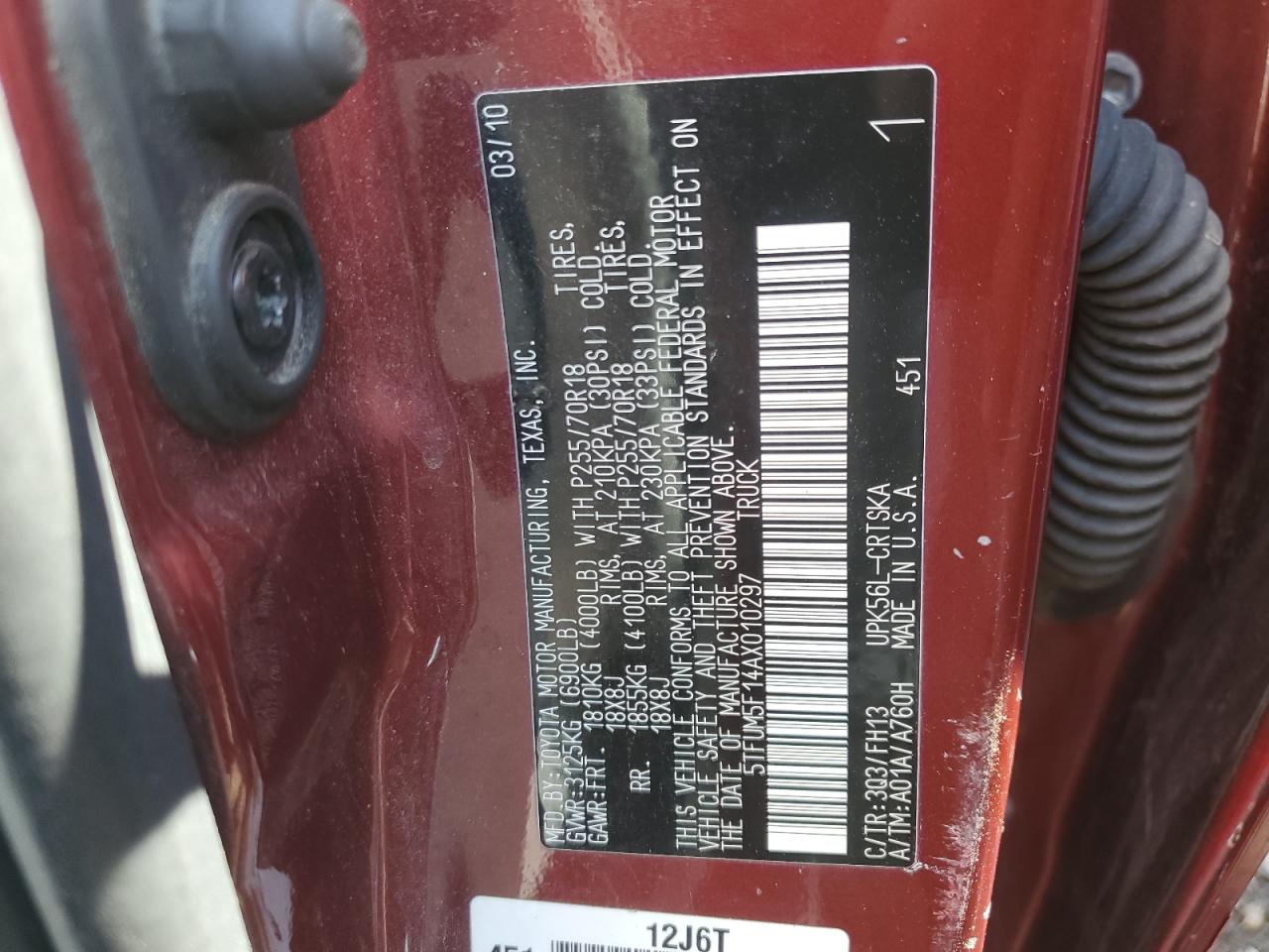 2010 Toyota Tundra Double Cab Sr5 VIN: 5TFUM5F14AX010297 Lot: 65236215