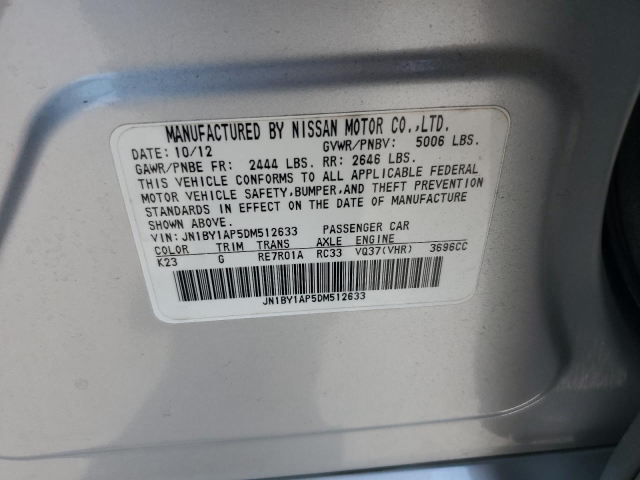 2013 Infiniti M37 VIN: JN1BY1AP5DM512633 Lot: 63625755