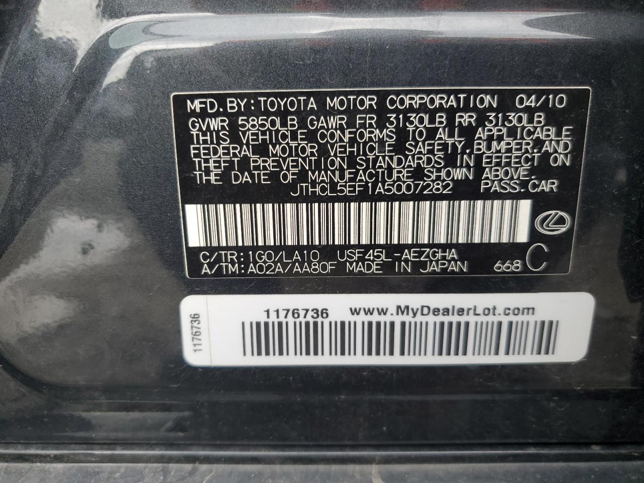 2010 Lexus Ls 460 VIN: JTHCL5EF1A5007282 Lot: 63914145