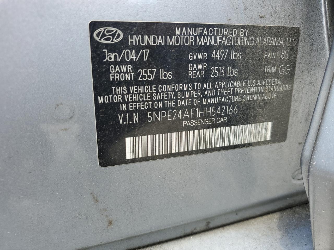 2017 Hyundai Sonata Se VIN: 5NPE24AF1HH542166 Lot: 65132605