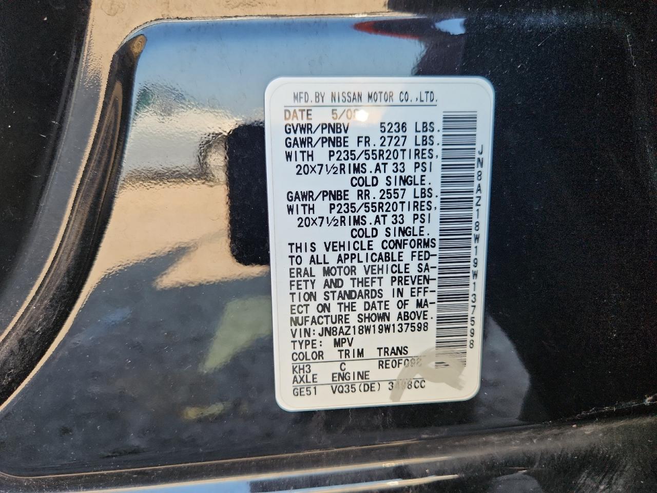 2009 Nissan Murano S VIN: JN8AZ18W19W137598 Lot: 63118845