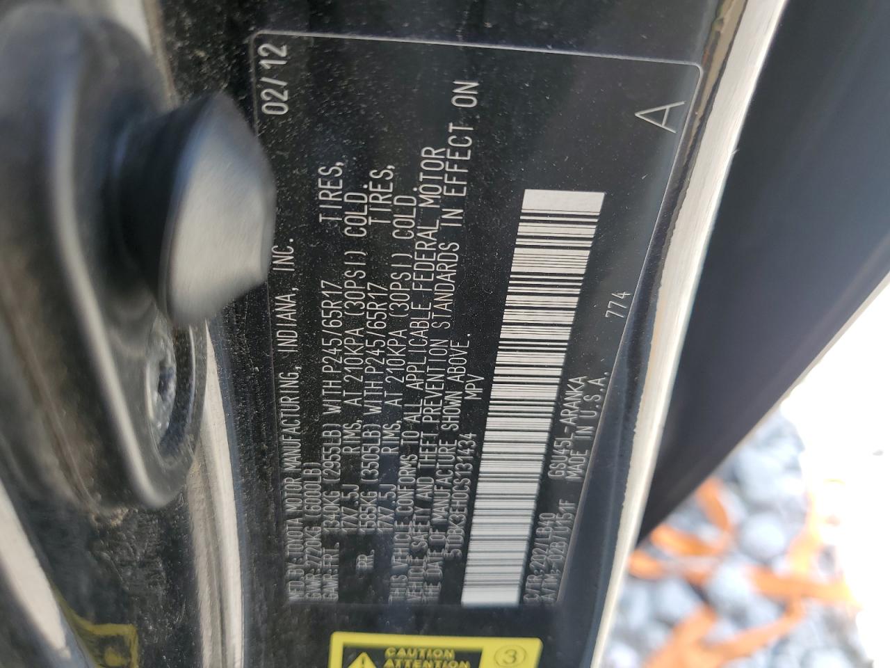 2012 Toyota Highlander Base VIN: 5TDBK3EH0CS131434 Lot: 64746355