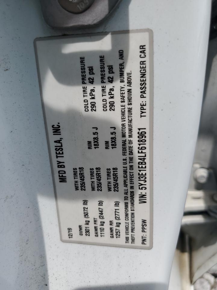 2020 Tesla Model 3 VIN: 5YJ3E1EB4LF618961 Lot: 61959855