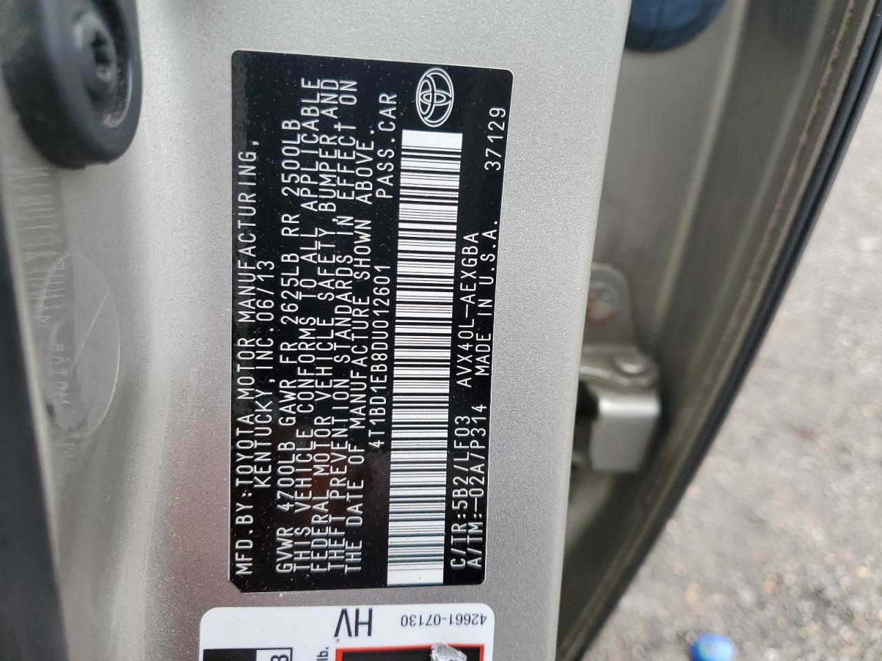 2013 Toyota Avalon Hybrid VIN: 4T1BD1EB8DU012601 Lot: 63452125