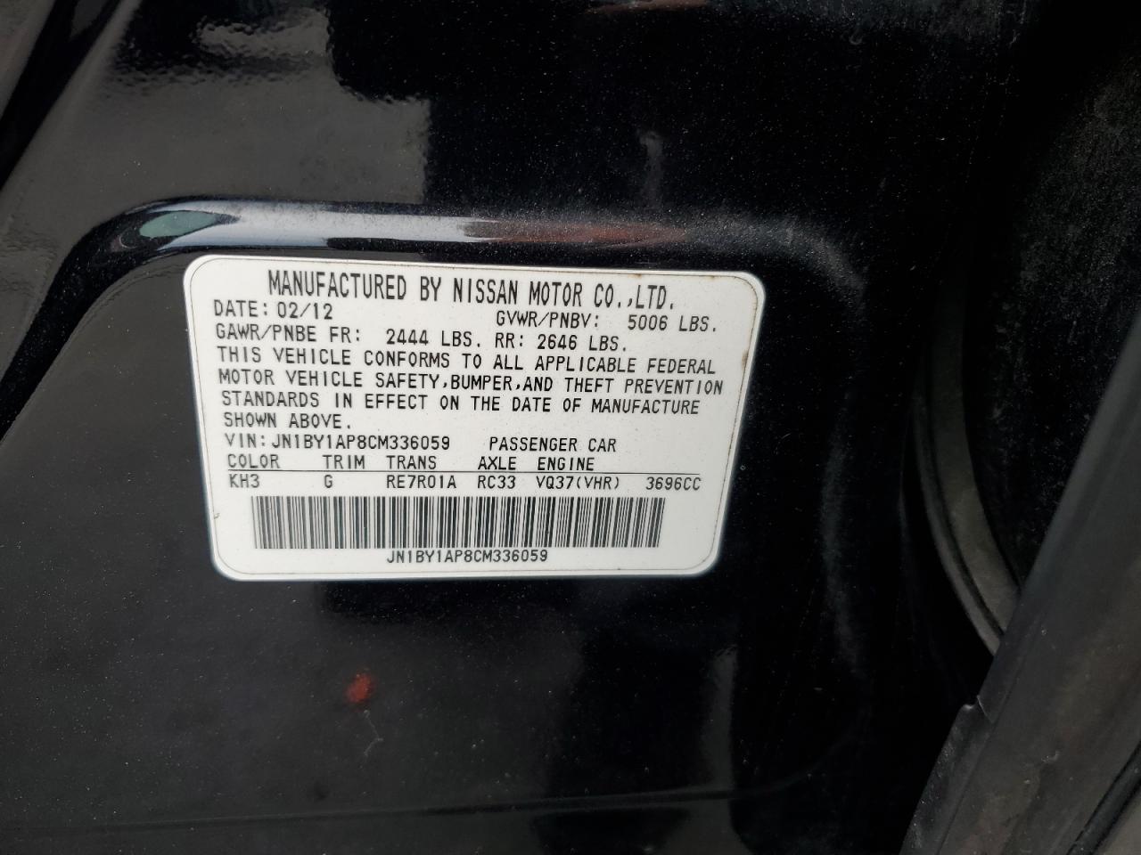 2012 Infiniti M37 VIN: JN1BY1AP8CM336059 Lot: 63253635