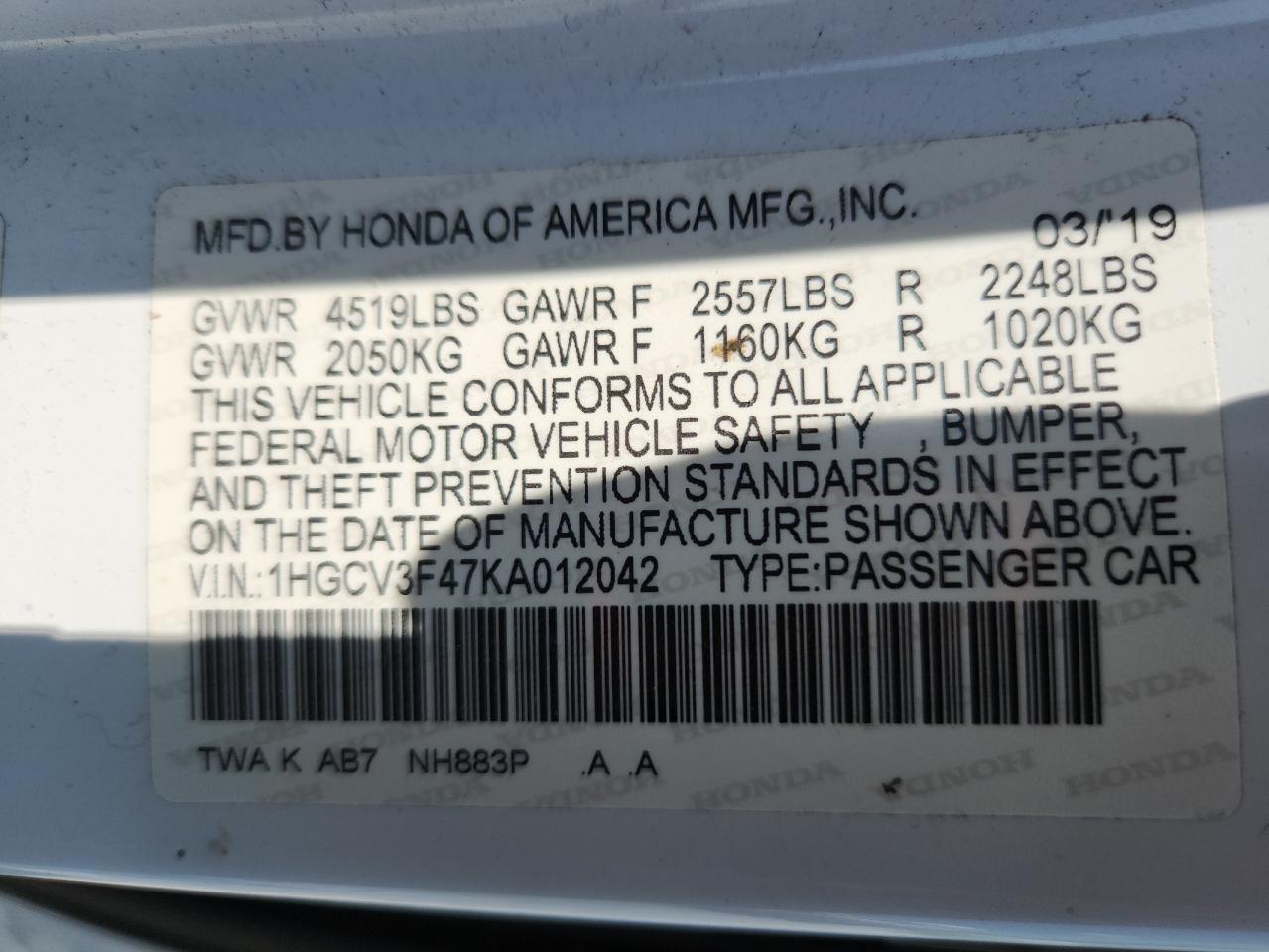 2019 Honda Accord Hybrid Ex VIN: 1HGCV3F47KA012042 Lot: 65433645