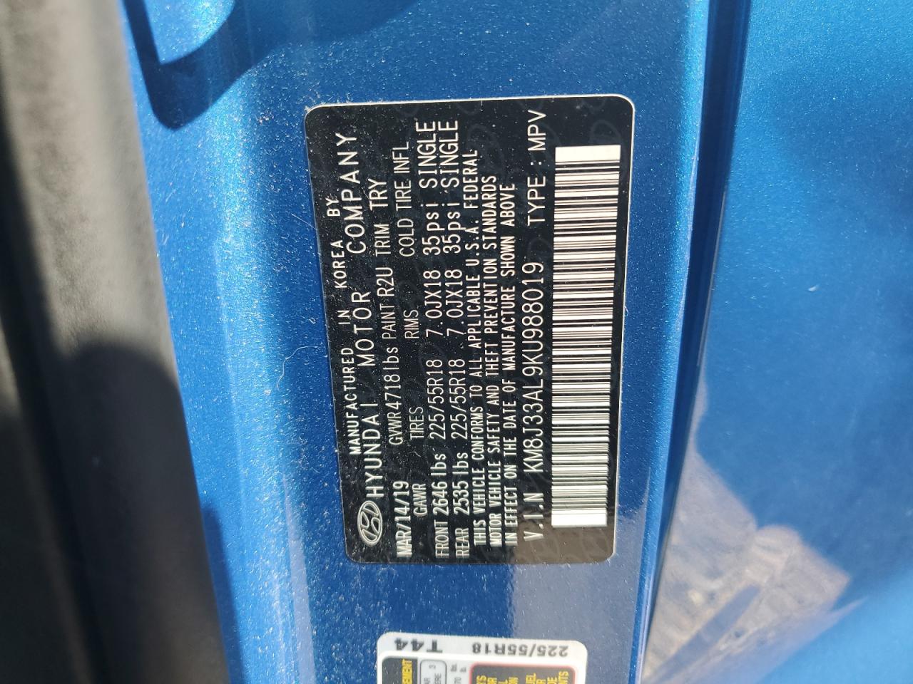 2019 Hyundai Tucson Limited VIN: KM8J33AL9KU988019 Lot: 64713855