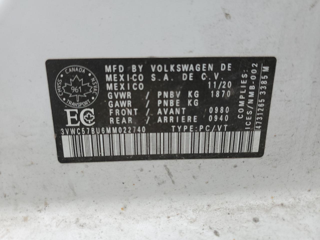 2021 Volkswagen Jetta S VIN: 3VWC57BU6MM022740 Lot: 63895645