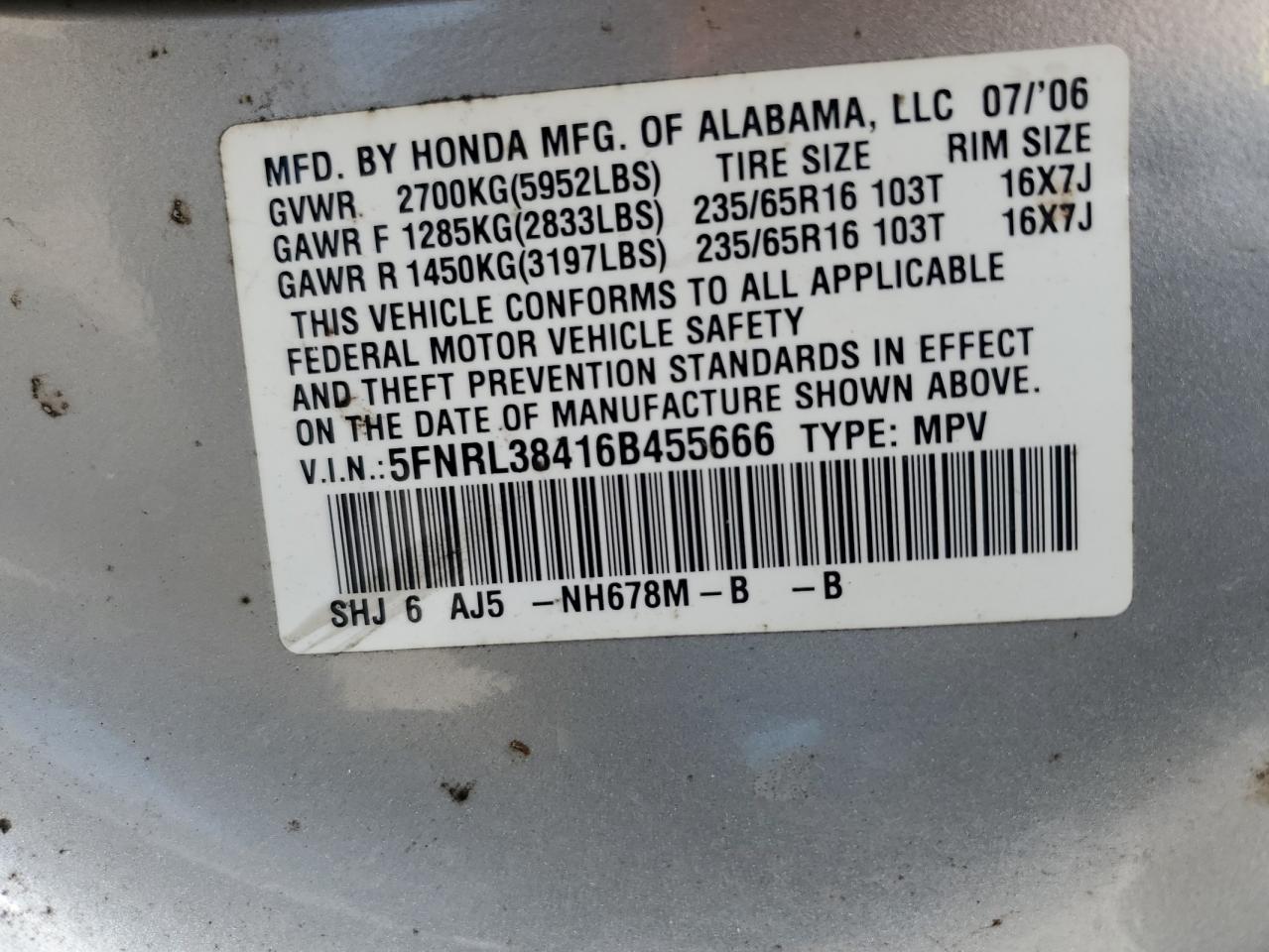 2006 Honda Odyssey Ex VIN: 5FNRL38416B455666 Lot: 64865565