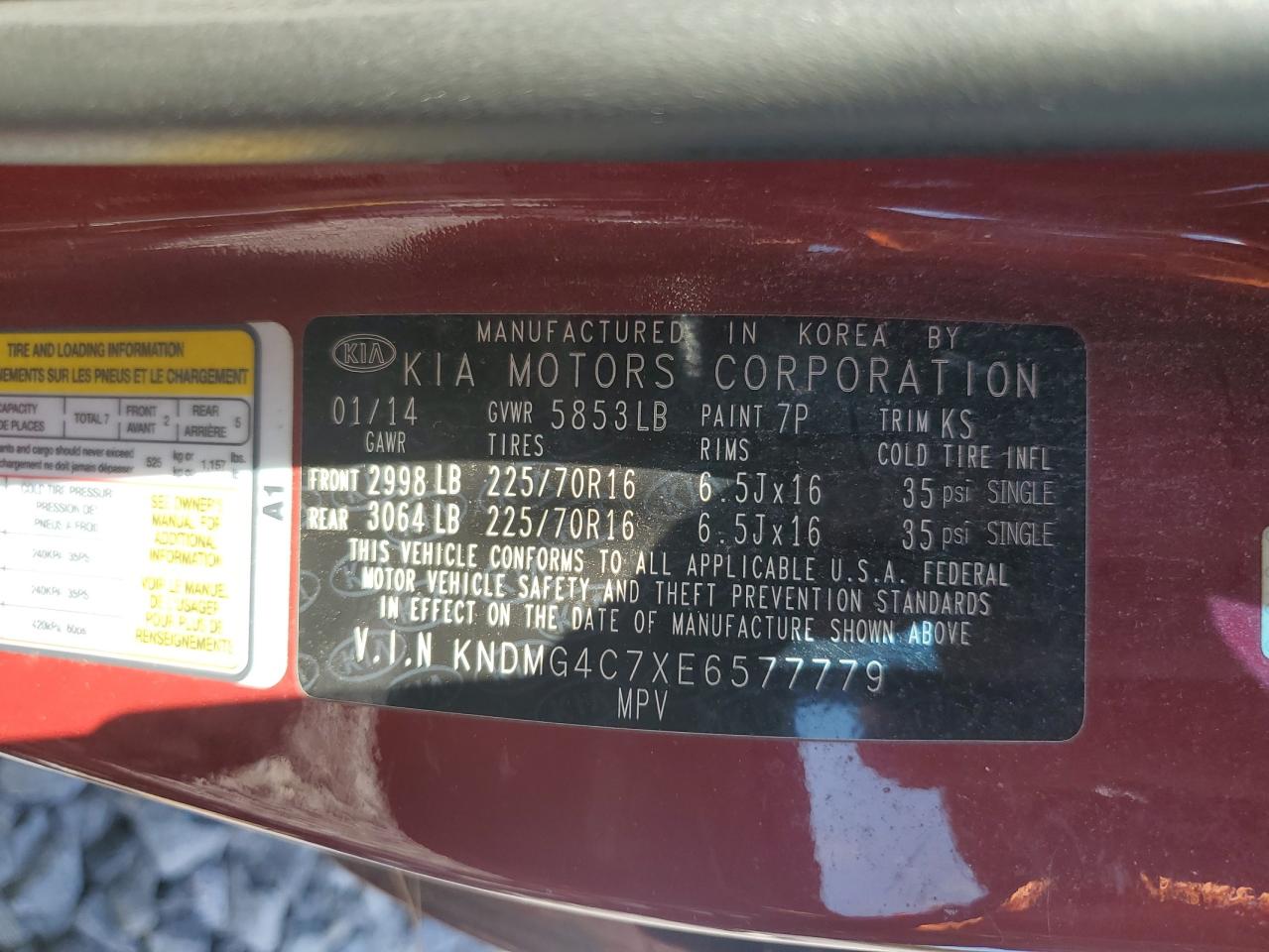 2014 Kia Sedona Lx VIN: KNDMG4C7XE6577779 Lot: 65724755