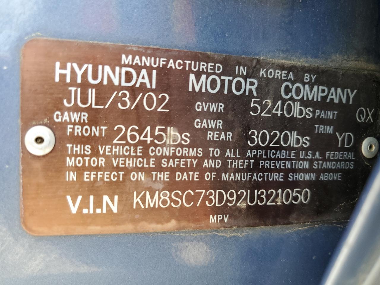 2002 Hyundai Santa Fe Gls VIN: KM8SC73D92U321050 Lot: 63668945