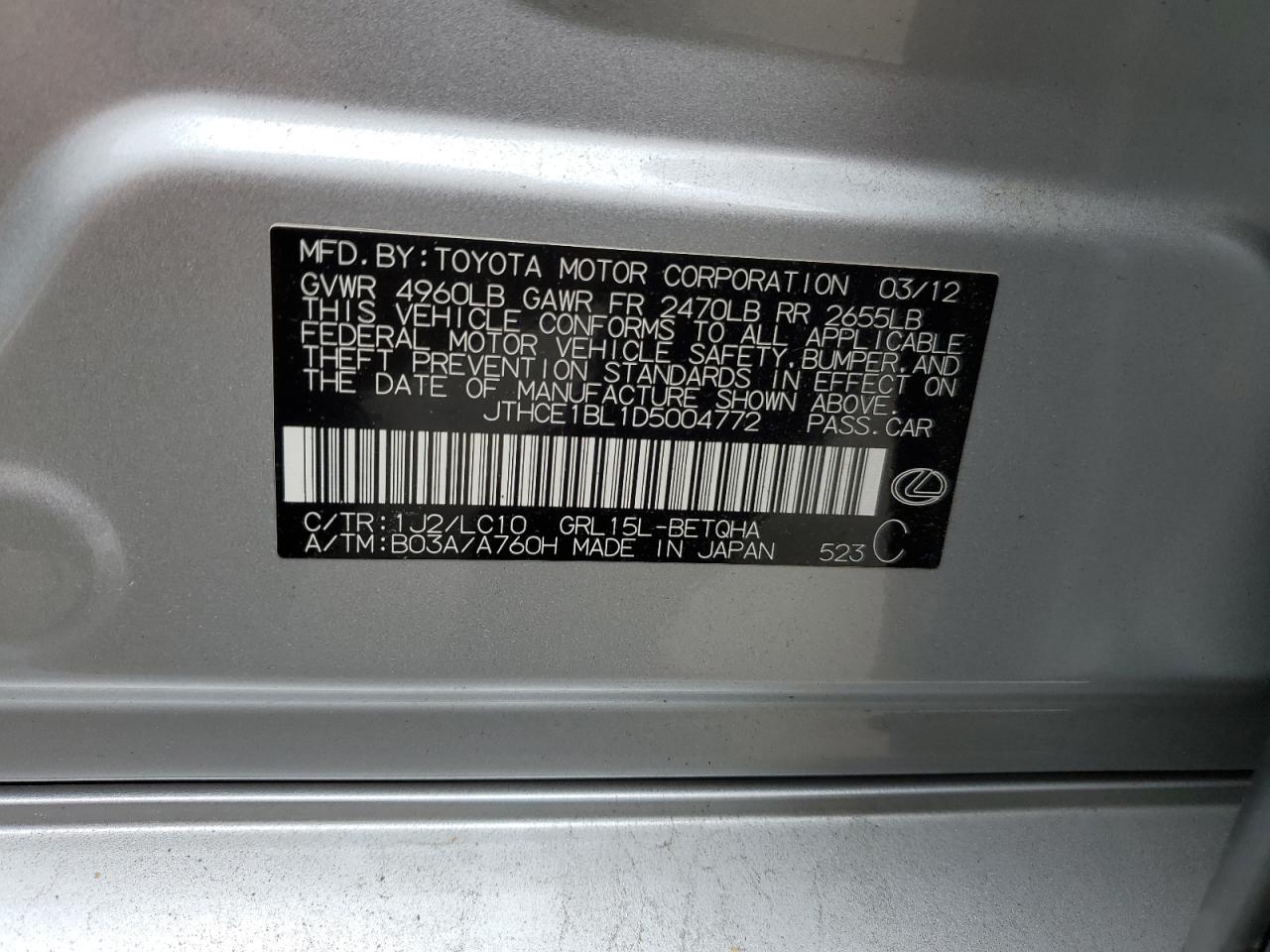 2013 Lexus Gs 350 VIN: JTHCE1BL1D5004772 Lot: 64681485