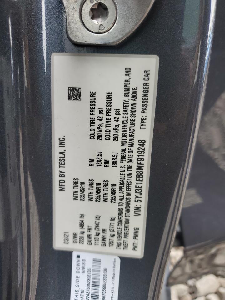2021 Tesla Model 3 VIN: 5YJ3E1EB8MF919248 Lot: 64872985