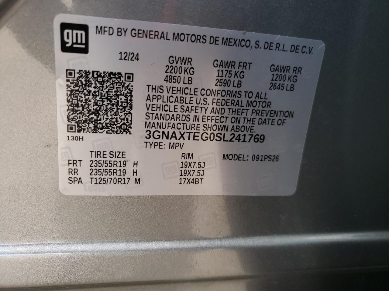 2025 Chevrolet Equinox Rs VIN: 3GNAXTEG0SL241769 Lot: 64982955