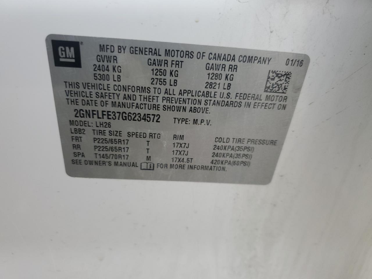 2016 Chevrolet Equinox Lt VIN: 2GNFLFE37G6234572 Lot: 65023295