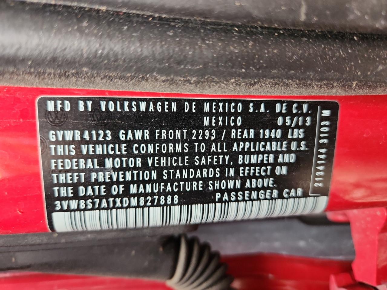 2013 Volkswagen Beetle Turbo VIN: 3VW8S7ATXDM827888 Lot: 64298355