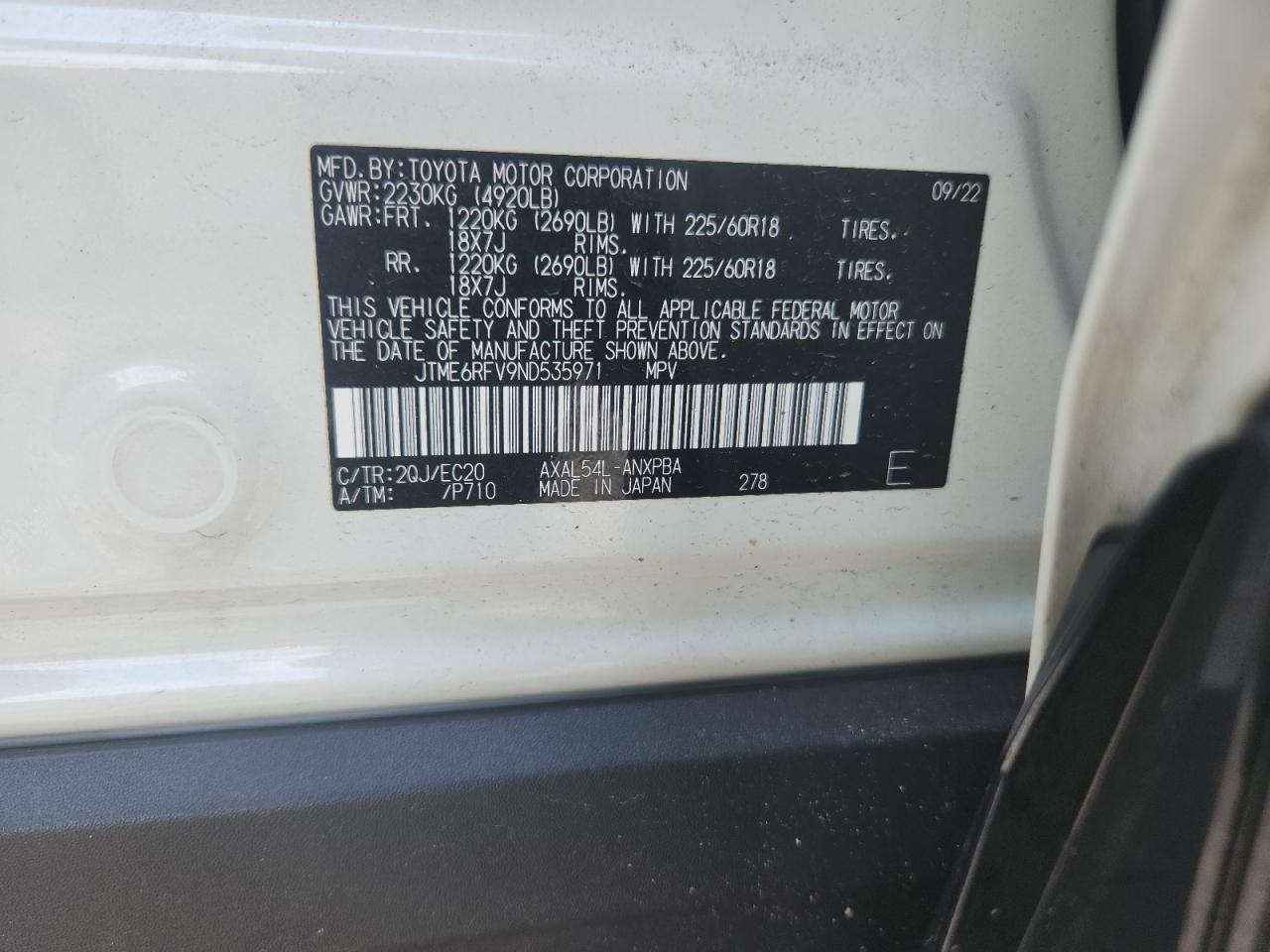 2022 Toyota Rav4 Xse VIN: JTME6RFV9ND535971 Lot: 65150135