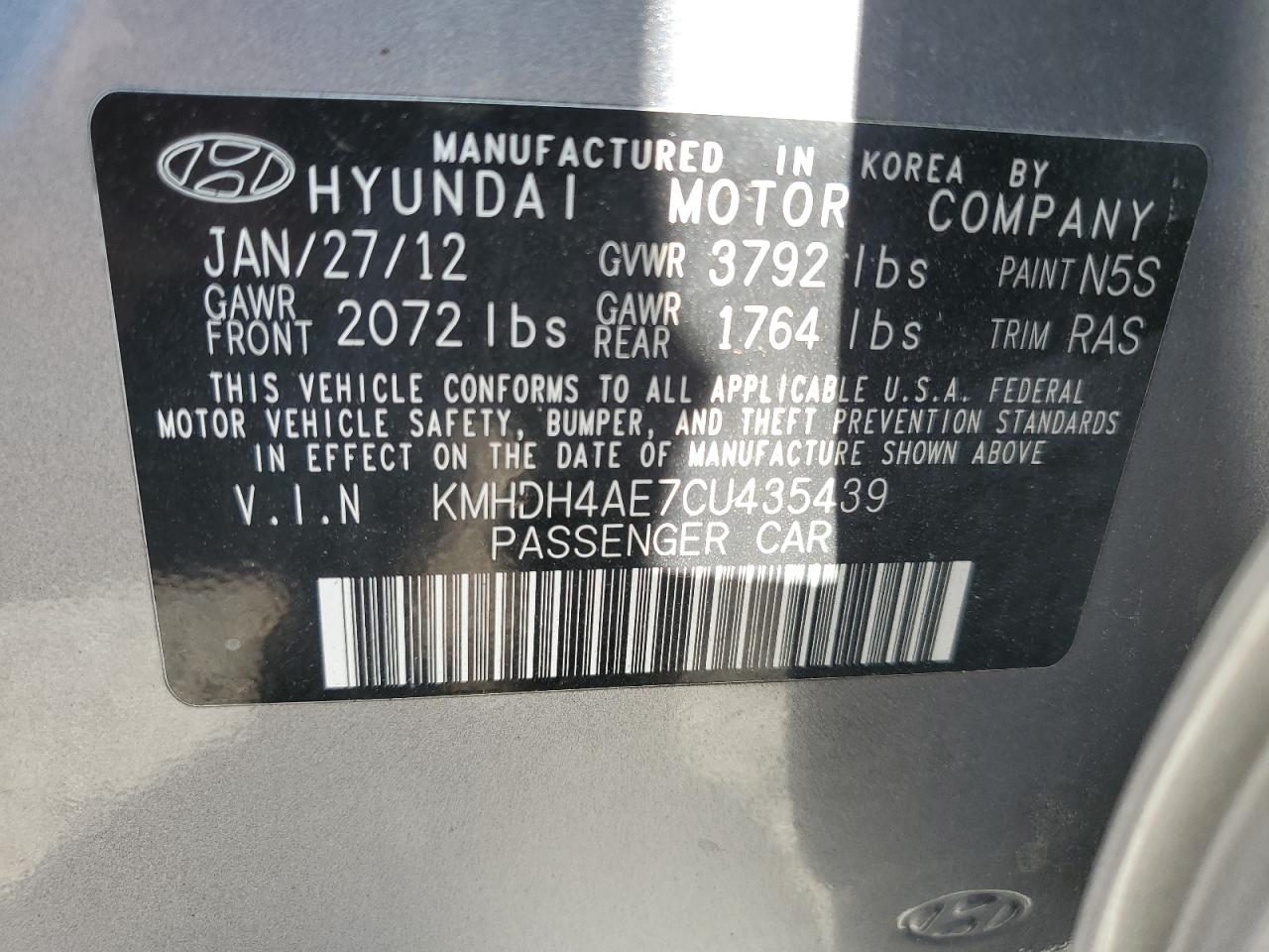 2012 Hyundai Elantra Gls VIN: KMHDH4AE7CU435439 Lot: 65240565
