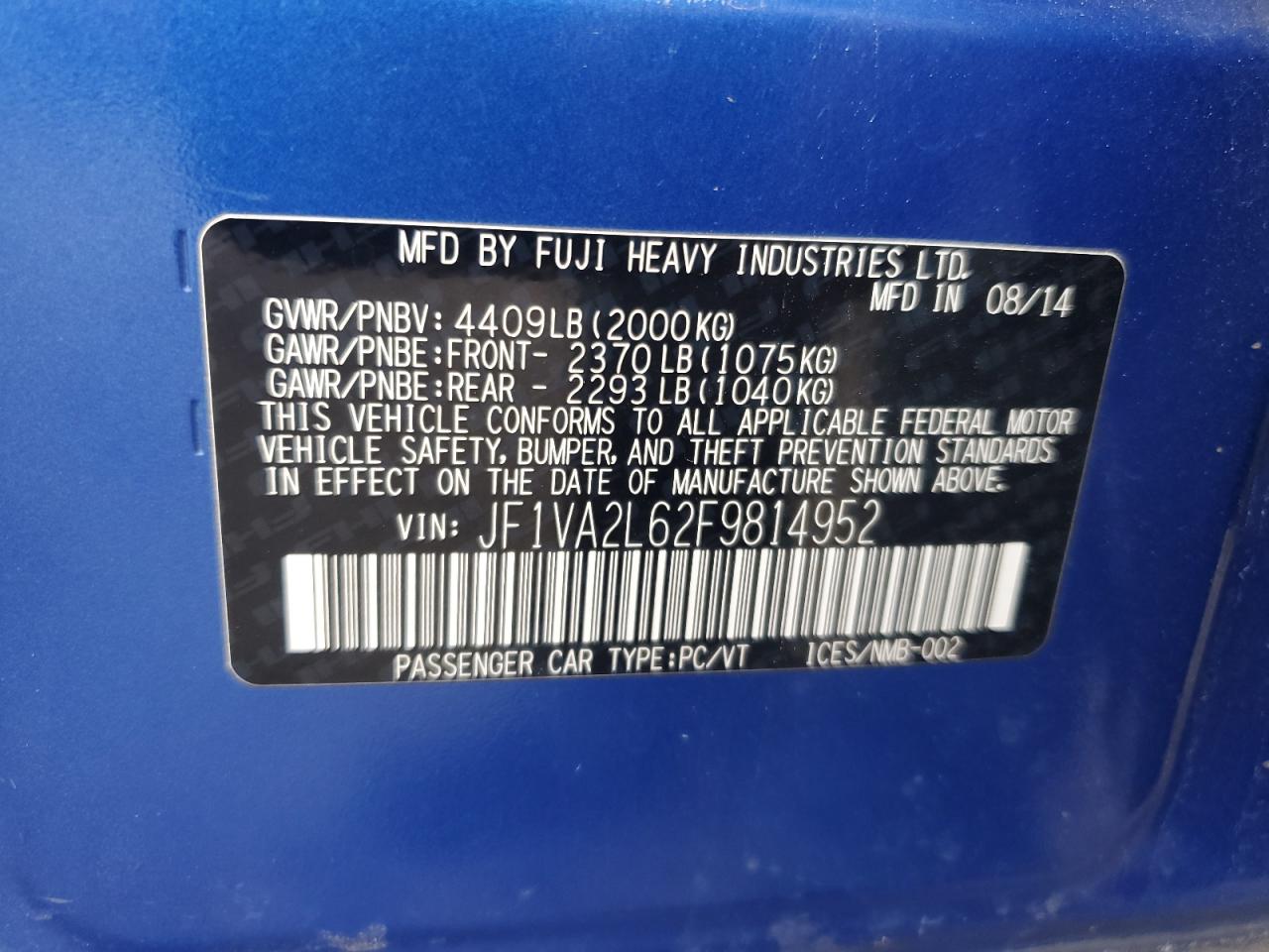2015 Subaru Wrx Sti VIN: JF1VA2L62F9814952 Lot: 65430515