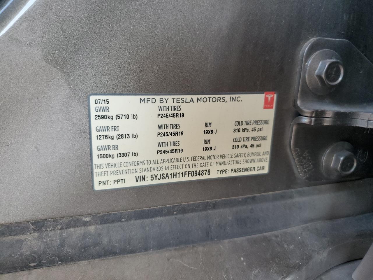 2015 Tesla Model S 85 VIN: 5YJSA1H11FF094876 Lot: 63523125