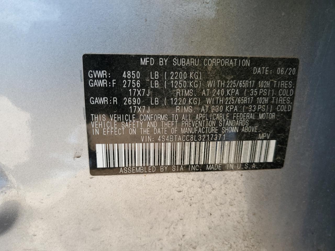 2020 Subaru Outback Premium VIN: 4S4BTACC8L3217371 Lot: 63106845