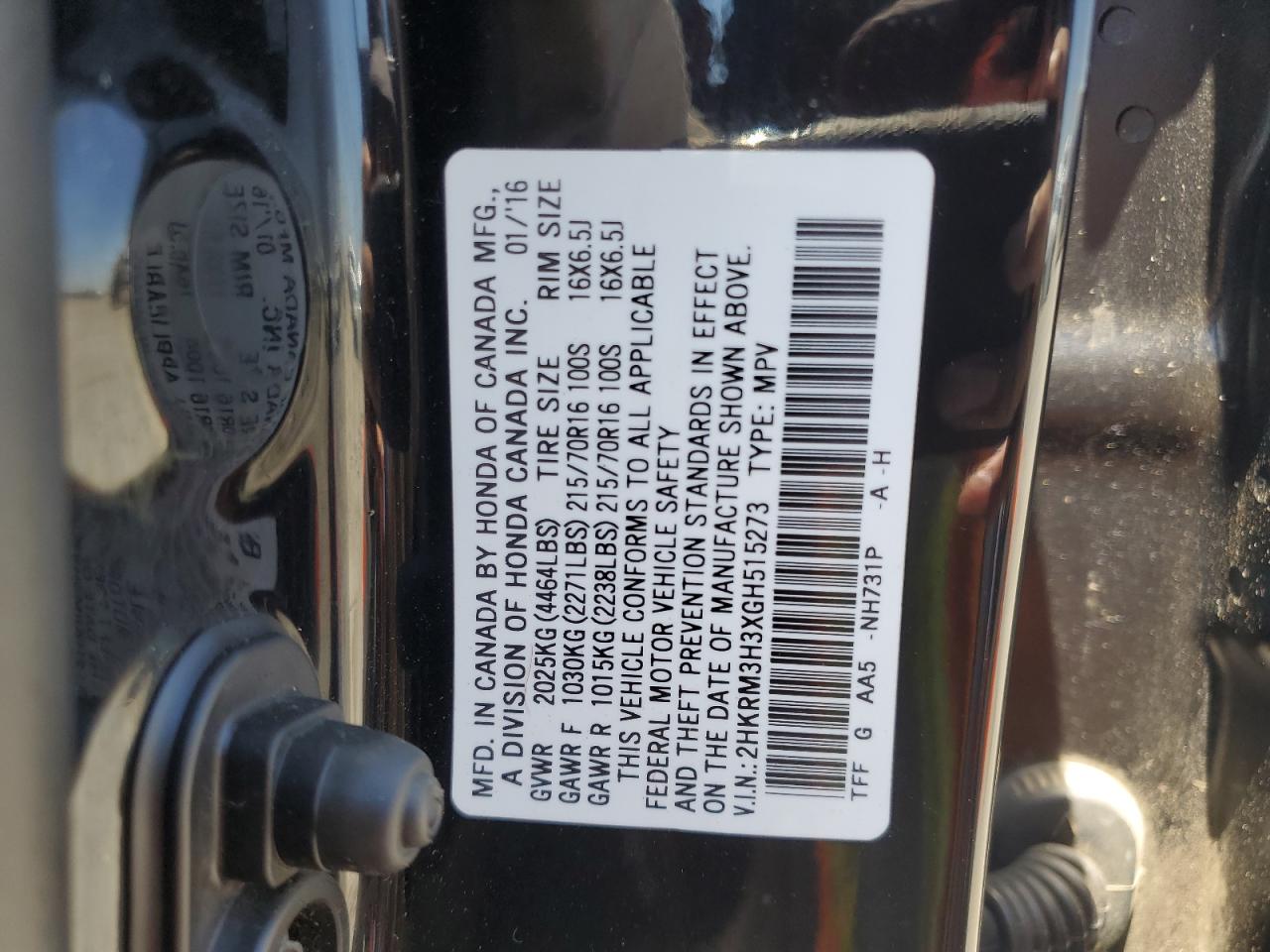 2016 Honda Cr-V Lx VIN: 2HKRM3H3XGH515273 Lot: 65030955